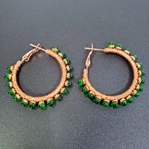 Artisan Green & Copper Wire Wrapped Hoop Earrings - Picture 2 of 7